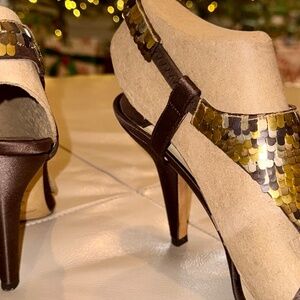 Jimmy Choo Gold Snakeskin Embossed Brown Satin High Heel Sandals, Size 6.5 US